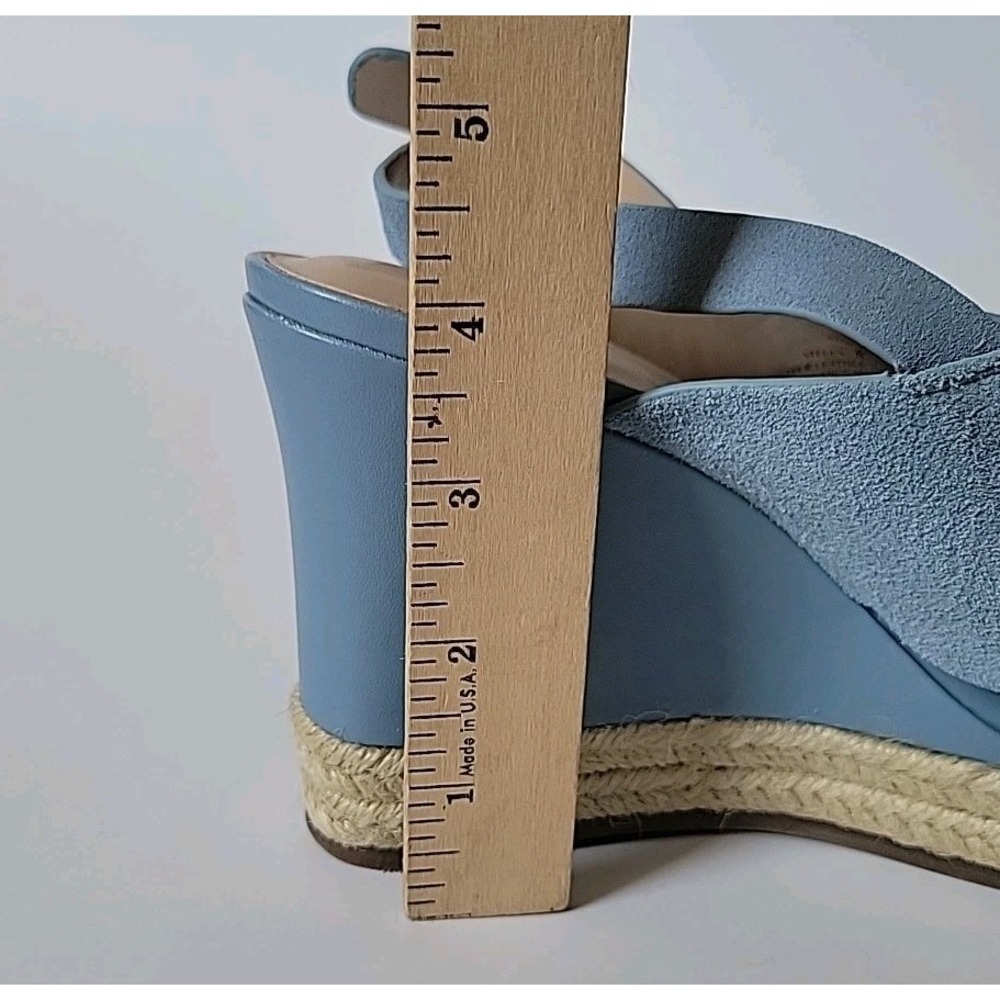 H Halston Stella Slingback Sandals 8.5M Powder Blue Suede Chambray Wedge Heel - Picture 12 of 16
